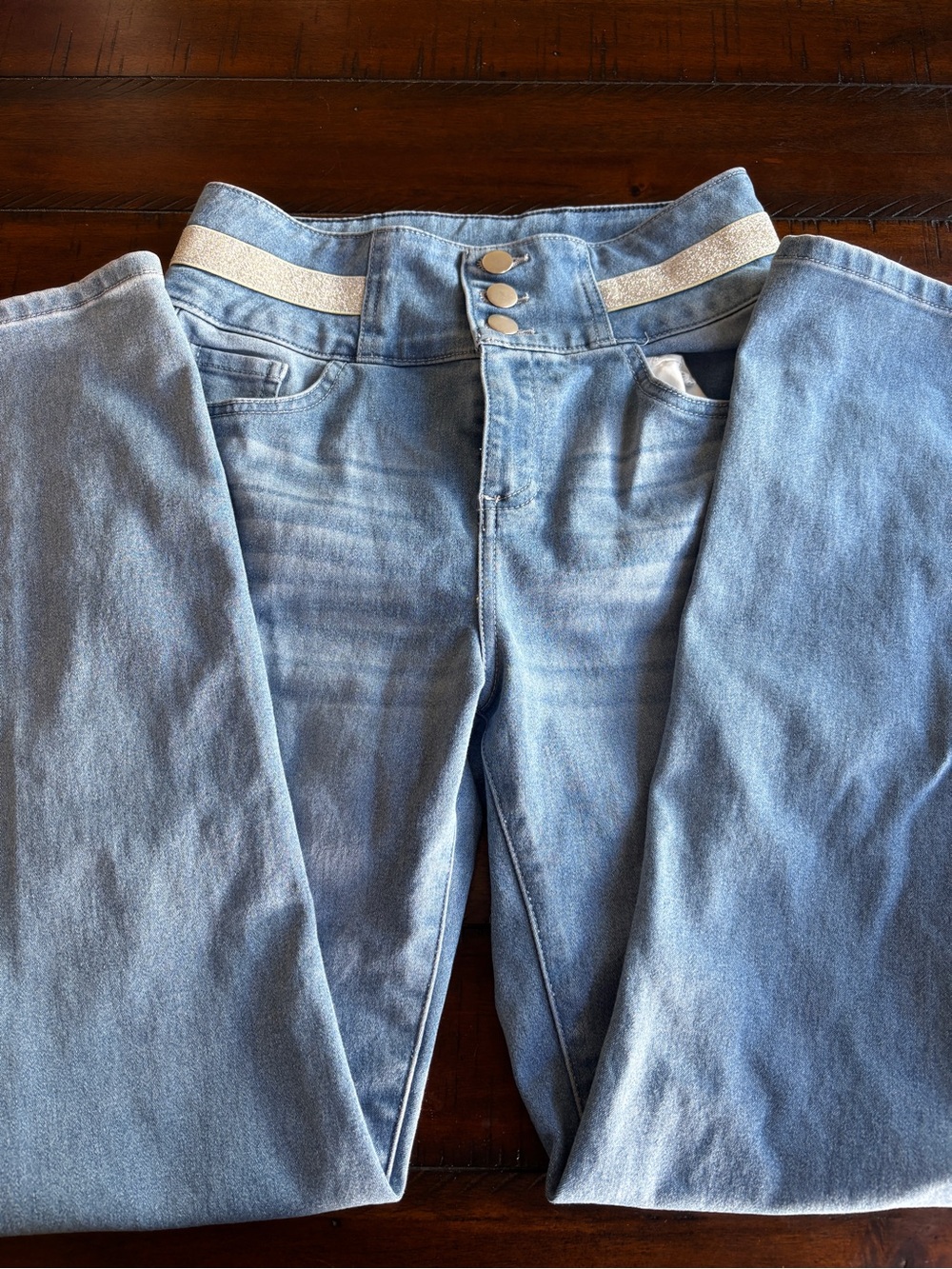 Light Wash High-Rise Jeans with Glitter Waistband